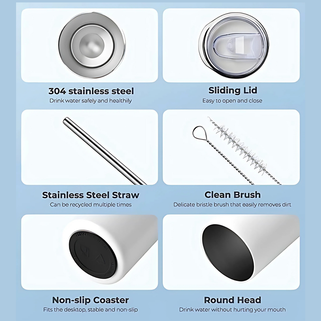 Product features including 304 stainless steel, sliding lid, stainless steel straw, clean brush, non-slip coaster, and round head on a light blue background.