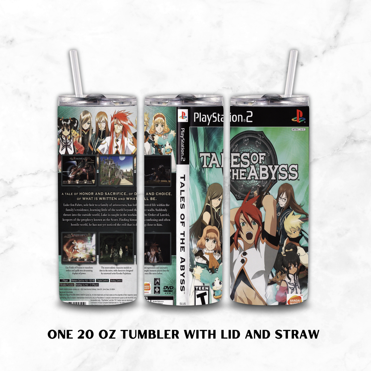 Three views of a 20 oz PlayStation 2 themed tumbler with lid and straw, featuring character art from Tales of the Abyss on a white marble background.