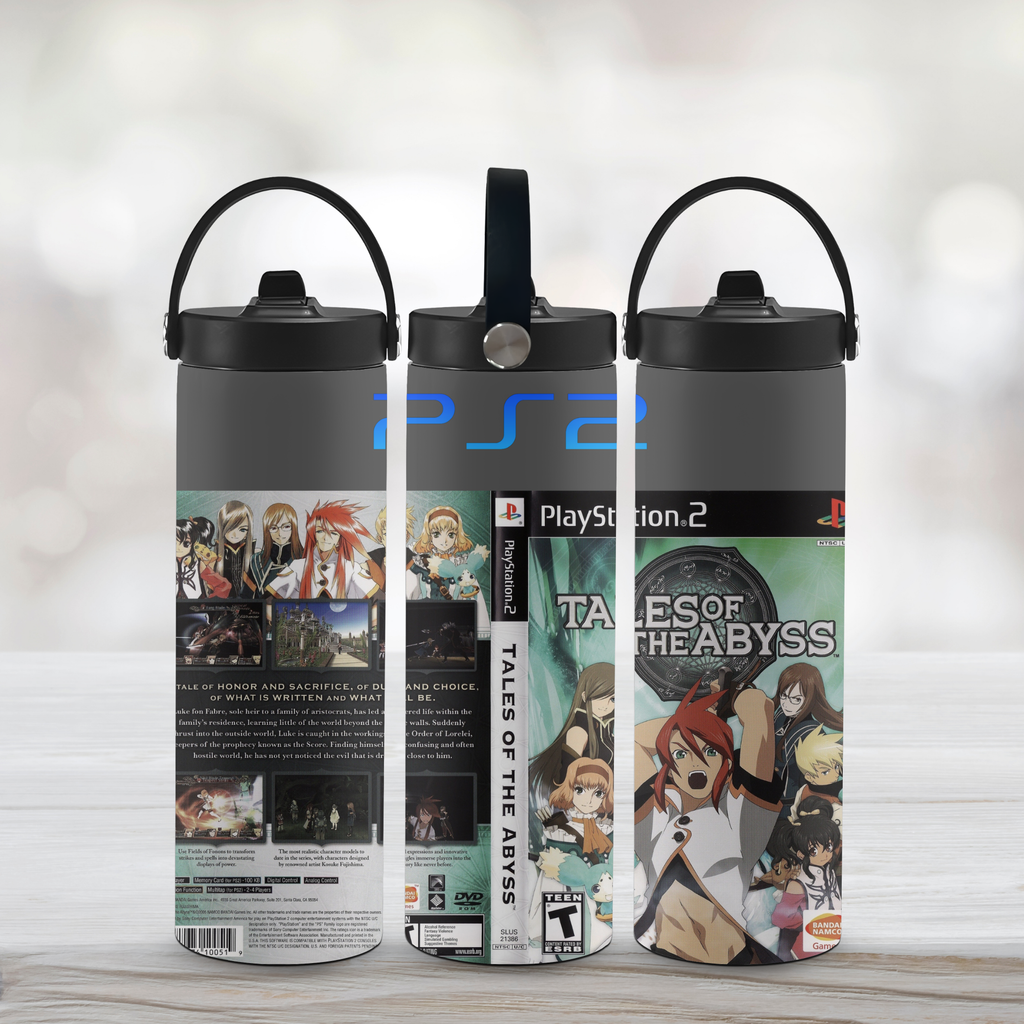 Three tumbler water bottles with 'PlayStation 2' and 'Tales of the Abyss' design on a light background