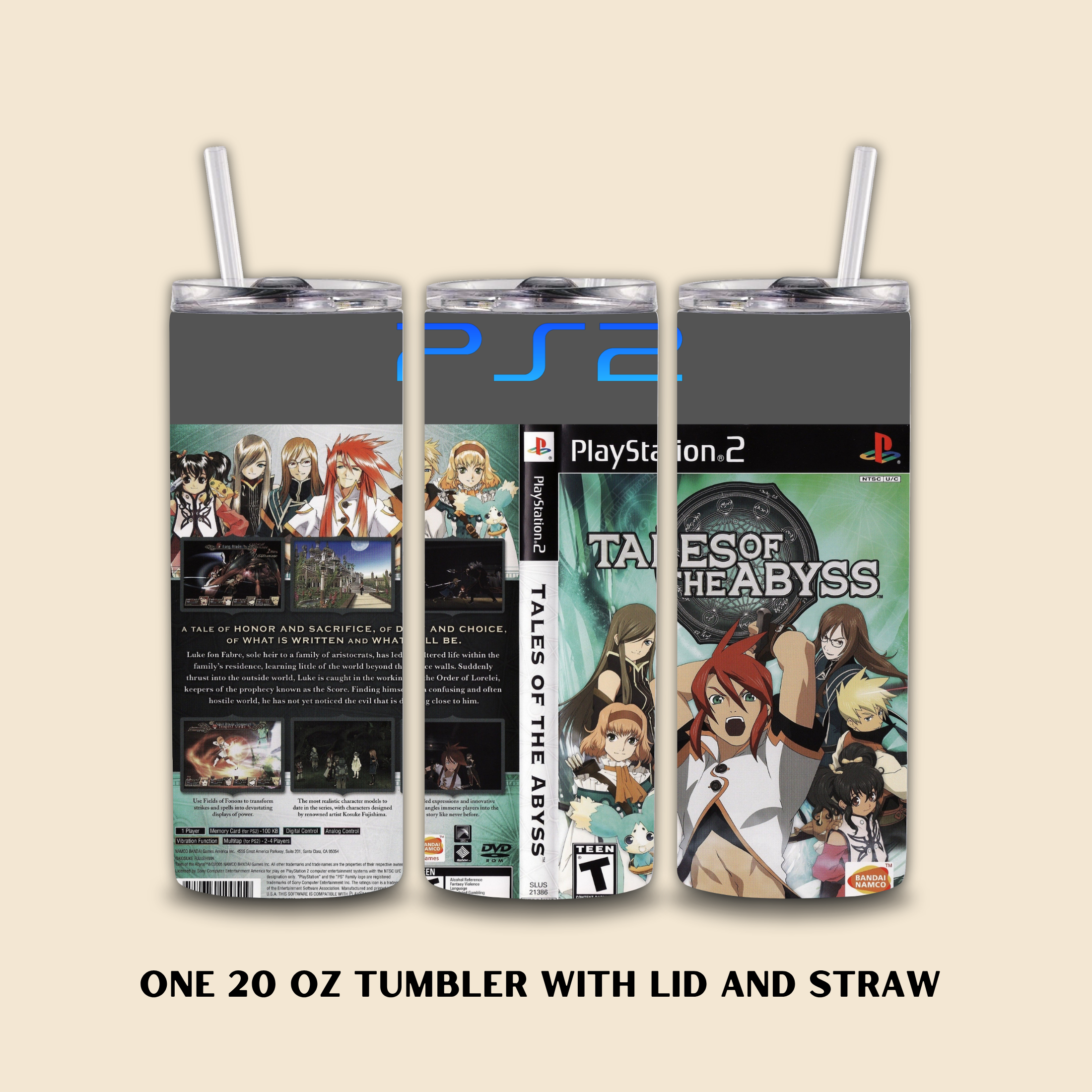 Tumbler with 'Tales of the Abyss' design and PlayStation branding on a beige background