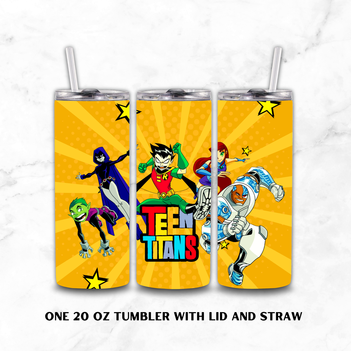 Three views of a 20 oz tumbler with lid and straw, featuring a bright yellow Teen Titans graphic print on a white marble background. The text below reads 'ONE 20 OZ TUMBLER WITH LID AND STRAW'.