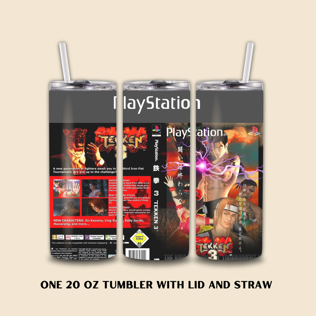 Three PlayStation-themed tumblers with lid and straw on a beige background