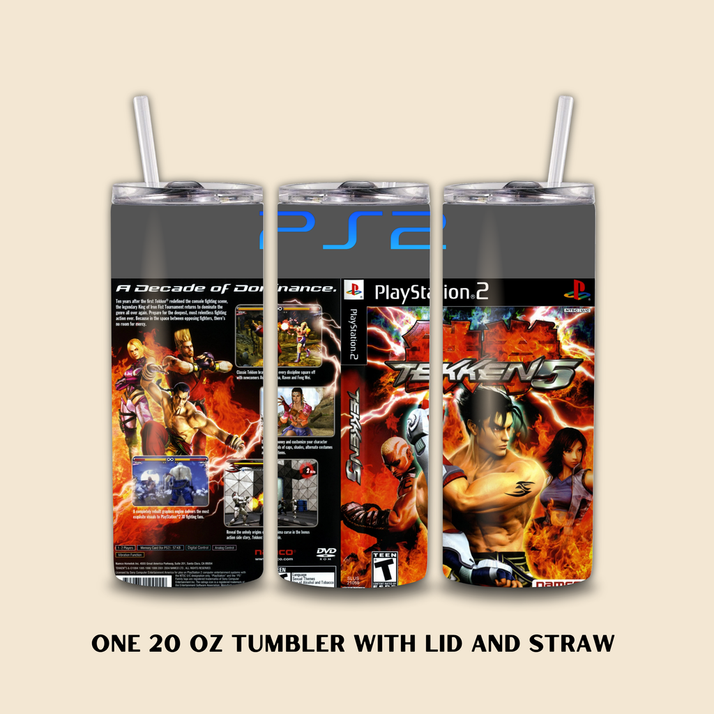 Tumbler with lid and straw featuring PlayStation 2 and Tekken 5 design on a beige background
