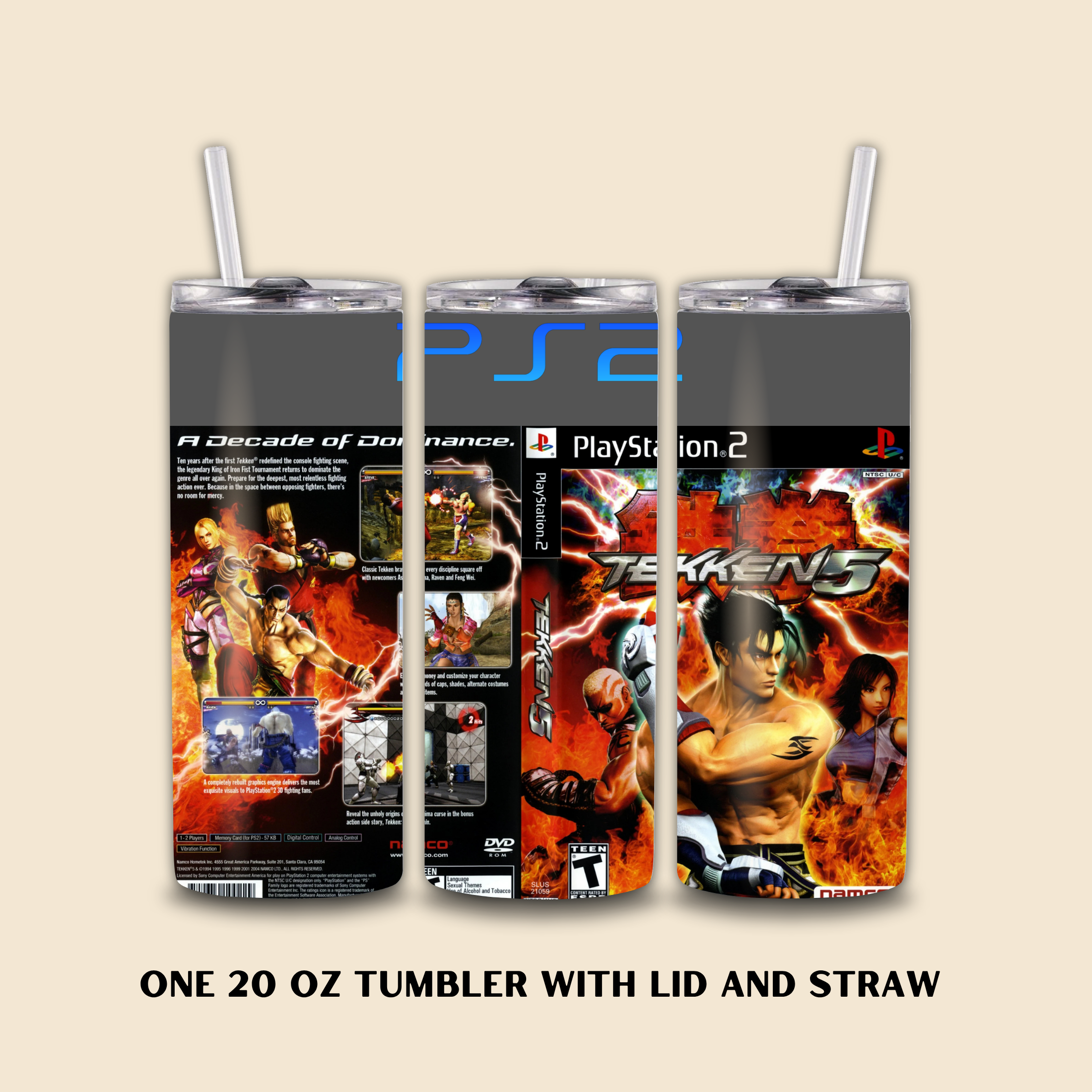Tumbler with lid and straw featuring PlayStation 2 and Tekken 5 design on a beige background