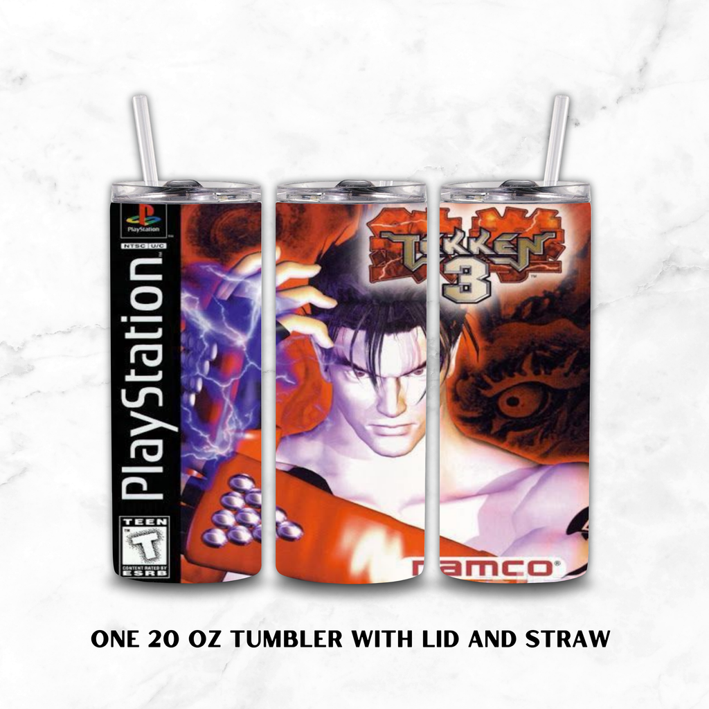 Three views of a 20 oz tumbler with lid and straw, featuring a PlayStation-themed Tekken 3 wrap design. The design includes PlayStation branding, a Teen Rating badge, and character artwork.