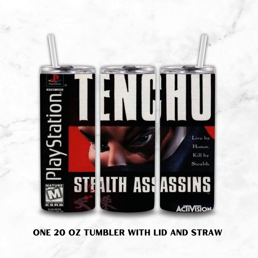 Three views of a 20 oz insulated tumbler with lid and straw, featuring PlayStation and Activision branding and artwork from the game Tenchu Stealth Assassins on a white marble background.
