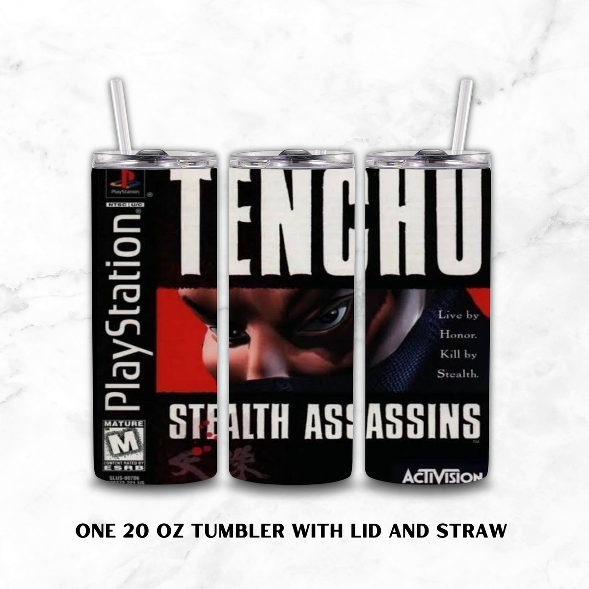 Three views of a 20 oz insulated tumbler with lid and straw, featuring PlayStation and Activision branding and artwork from the game Tenchu Stealth Assassins on a white marble background.