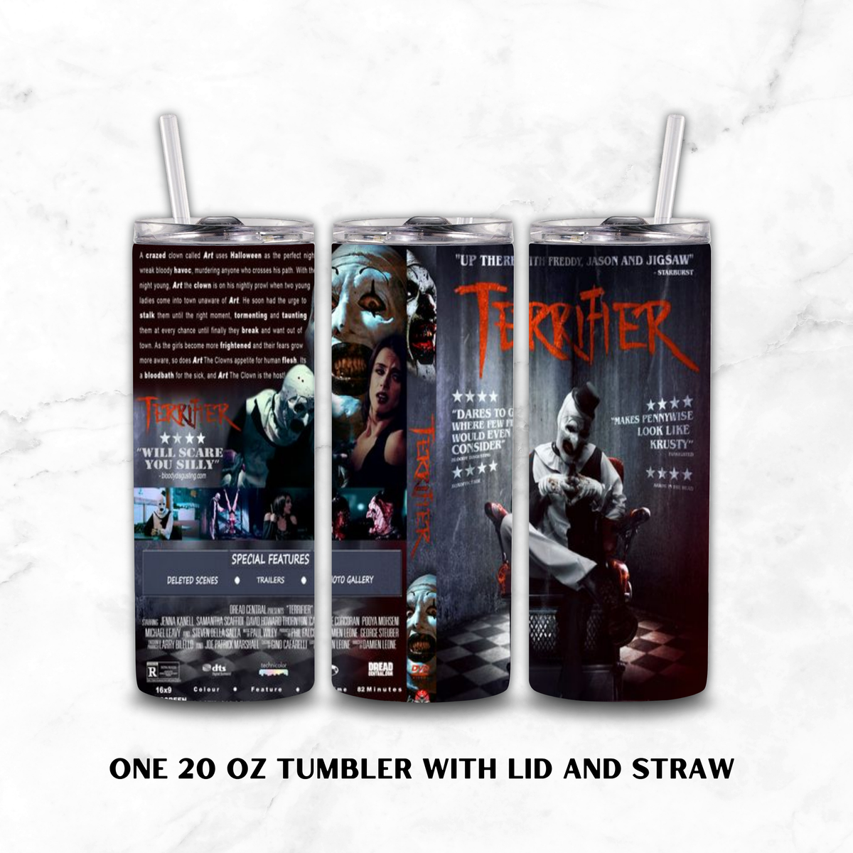 Three views of a 20 oz stainless steel tumbler with lid and straw, featuring horror movie artwork from Terrifier. The tumbler wraps around the product to show the back, front, and side designs with movie imagery and text, set against a white marble background with black text reading 'ONE 20 OZ TUMBLER WITH LID AND STRAW'.