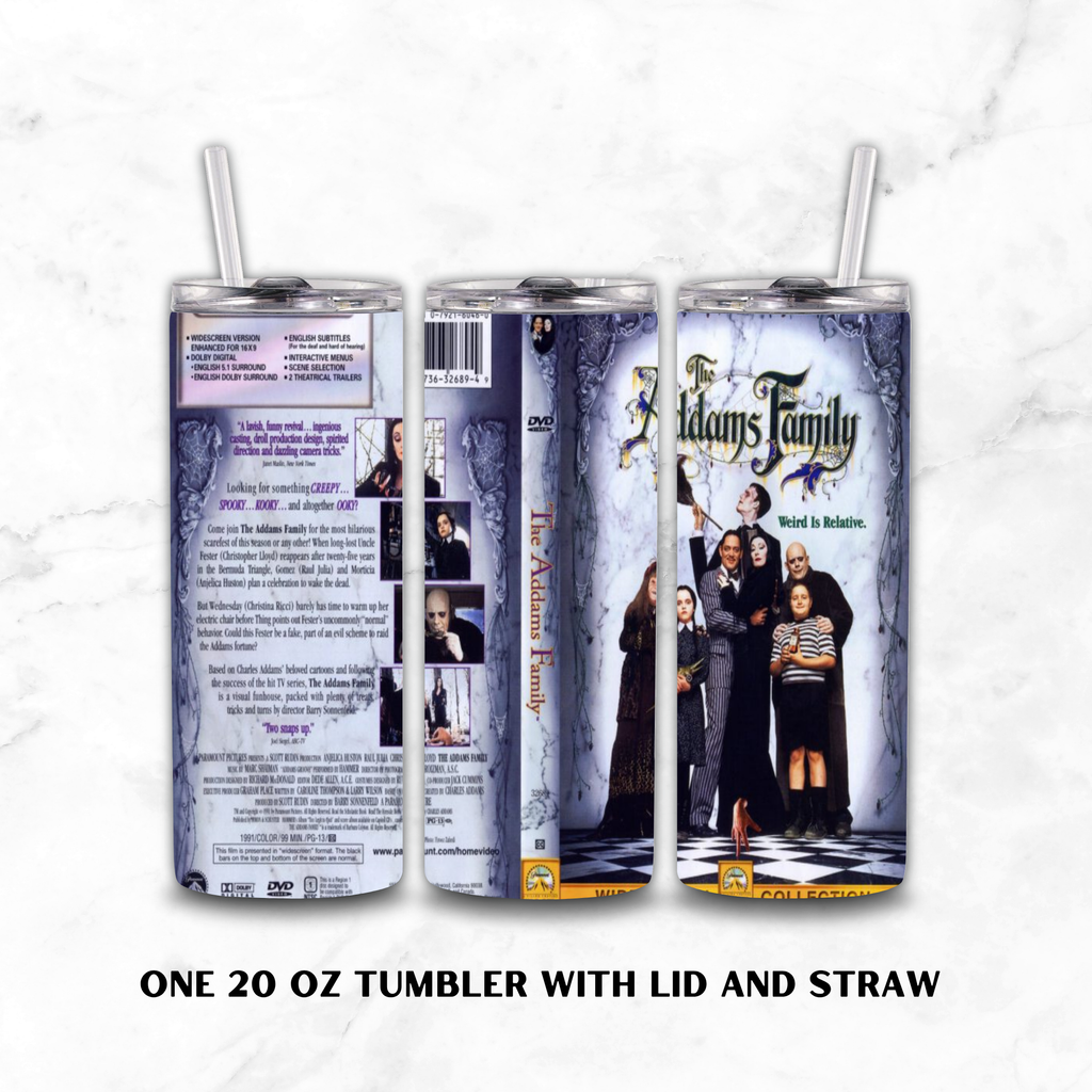 Three views of a 20oz tumbler with "The Addams Family" movie graphics design on a white marble background.