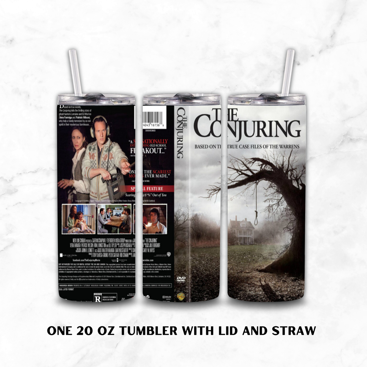 Three views of a 20 oz tumbler with lid and straw printed with The Conjuring movie artwork, shown on a white marble background with text reading 'ONE 20 OZ TUMBLER WITH LID AND STRAW'.