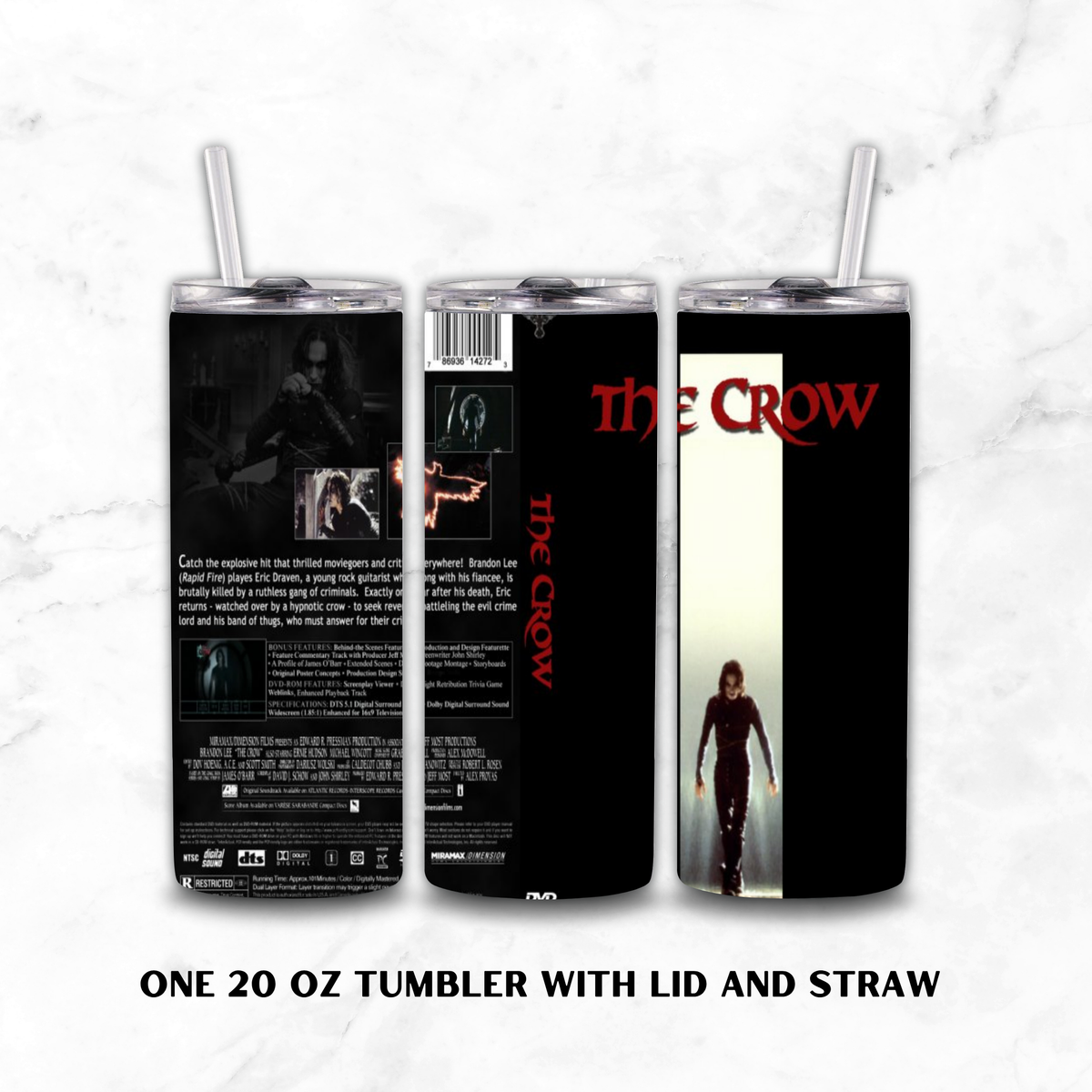 Three views of a 20 oz tumbler with lid and straw featuring The Crow movie artwork on a white marble background. The tumbler shows the back, front, and side panels with black, red, and white design elements.