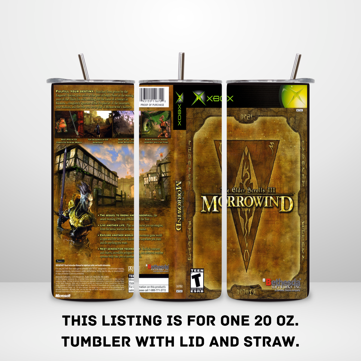 Three views of a 20 oz tumbler with lid and straw, wrapped in an Xbox The Elder Scrolls III: Morrowind video game box art design, shown on a light gray background with text stating 'THIS LISTING IS FOR ONE 20 OZ. TUMBLER WITH LID AND STRAW.