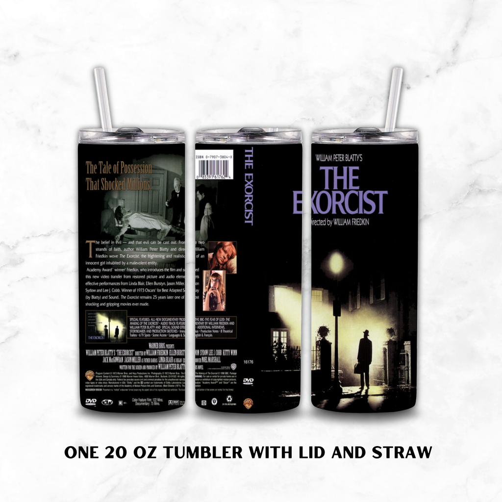 Three views of a 20 oz insulated tumbler with lid and straw, printed with The Exorcist movie artwork, shown on a white marble background with text reading 'ONE 20 OZ TUMBLER WITH LID AND STRAW'.