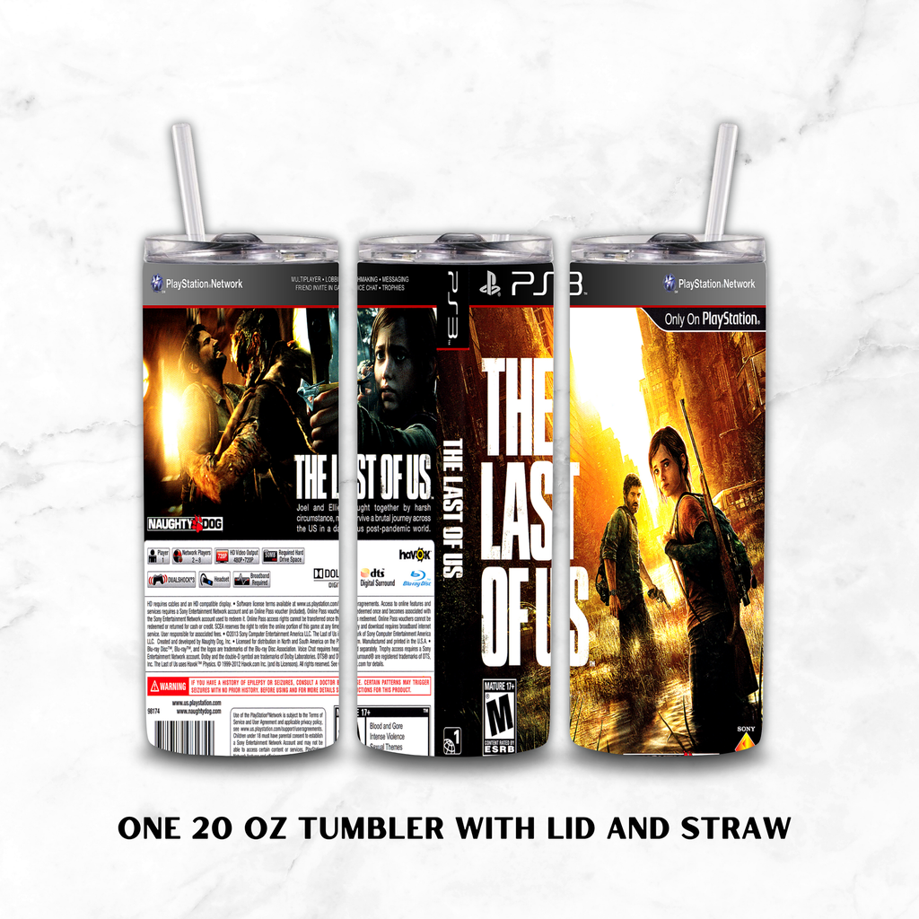 Three View 20oz stainless steel The Last of Us Tumbler with a Ps3 themed, On a white marble background.