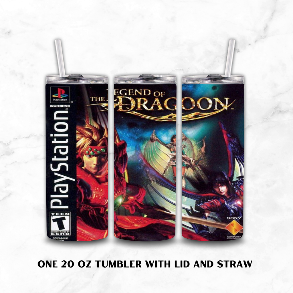 Three views of a 20 oz stainless steel tumbler with lid and straw, featuring PlayStation-themed artwork including 'Legend of the Dragoon' and PlayStation branding, on a white marble background.
