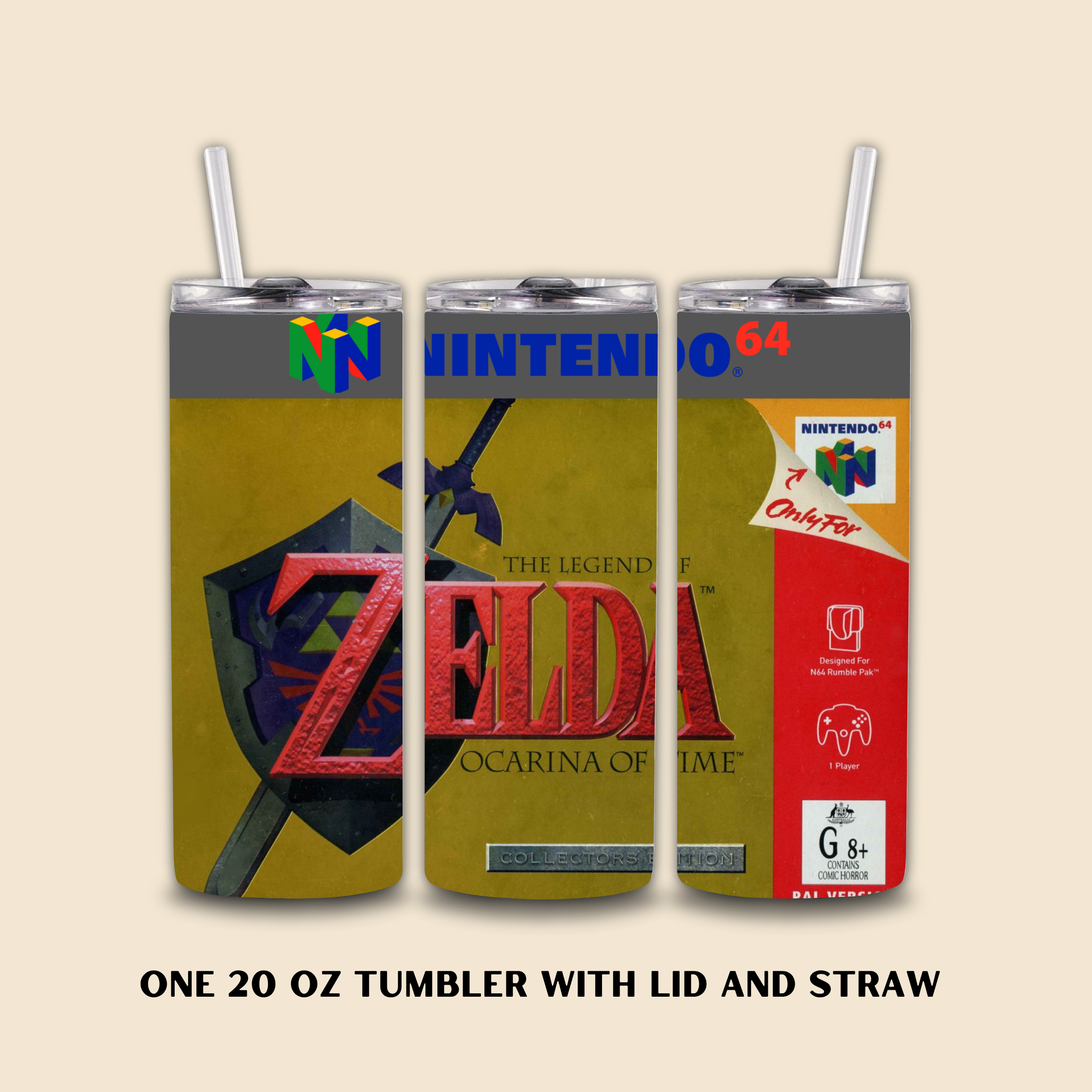 Three tumbler designs inspired by 'The Legend of Zelda' and Nintendo branding on a beige background.