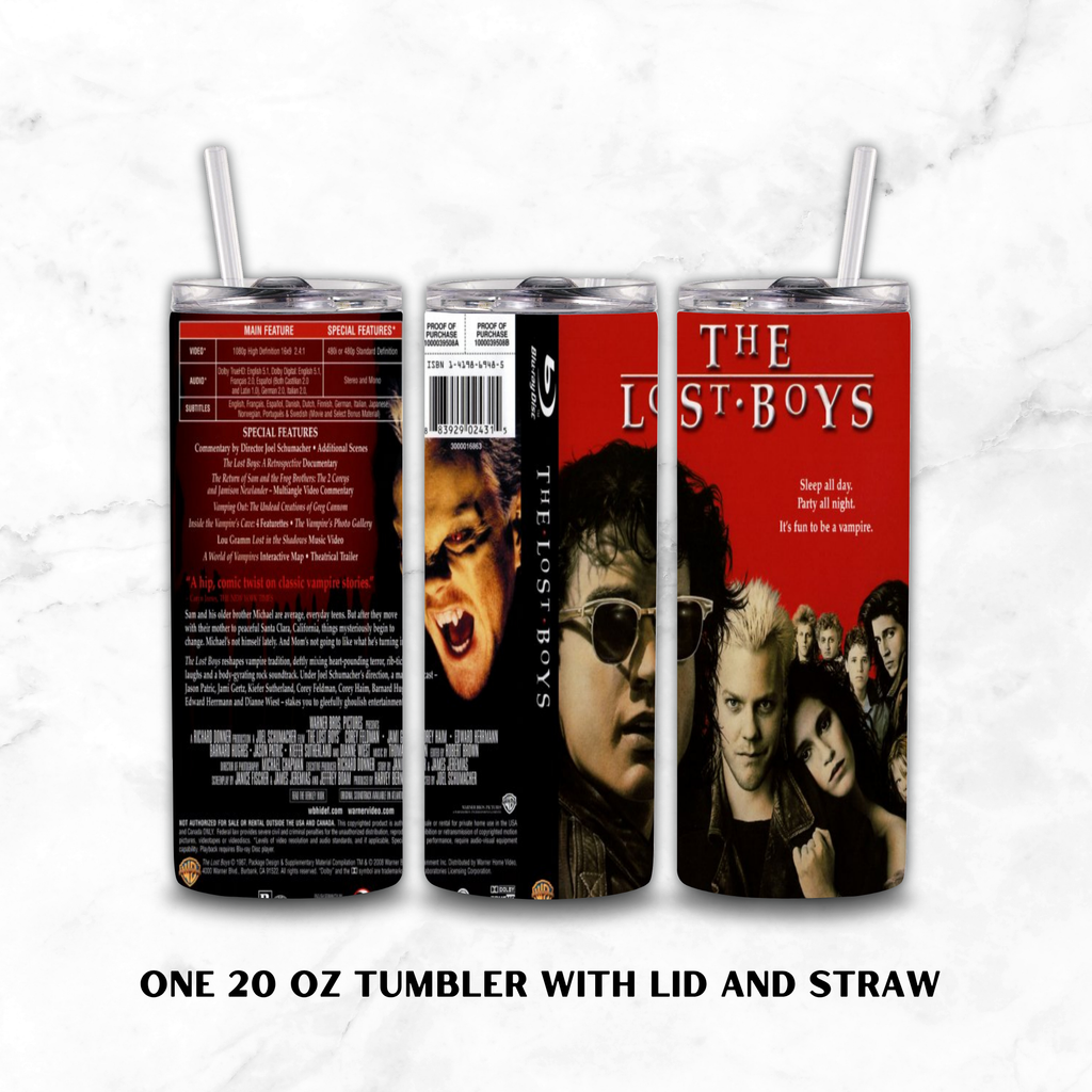 Three views of a 20oz tumbler with "The Lost Boys" movie graphics design on a white marble background.