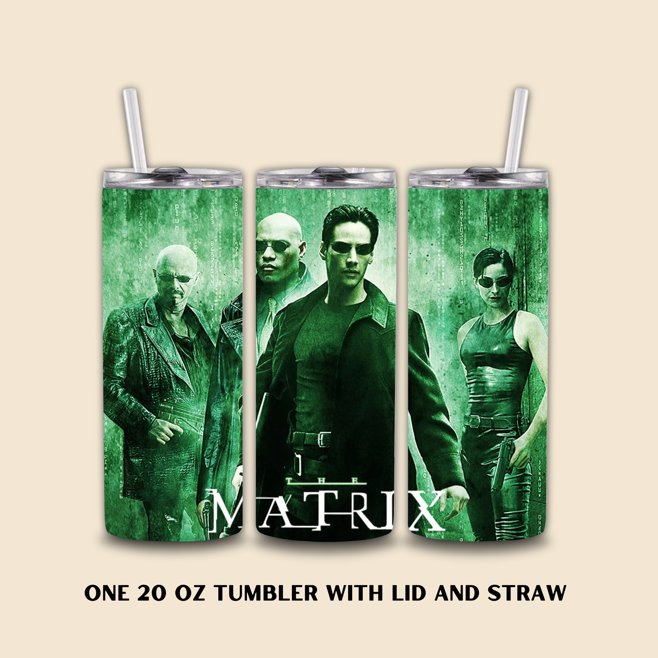 Three tumbler with lid and straw featuring characters from 'The Matrix' on a beige background.
