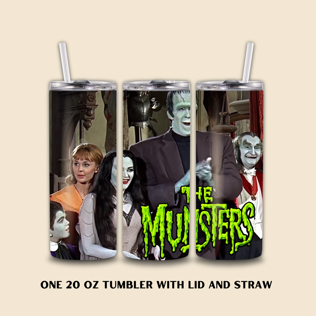 Tumbler with 'The Munsters' design featuring characters and text on a beige background.