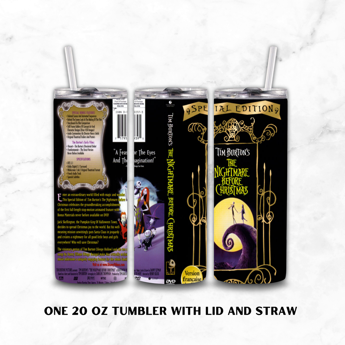 Three views of a 20 oz aluminum tumbler with lid and straw, featuring Tim Burton's The Nightmare Before Christmas artwork. The left view shows the back with text and illustrations, the middle shows the spine with a DVD logo, and the right shows the front with black, gold, and purple artwork.