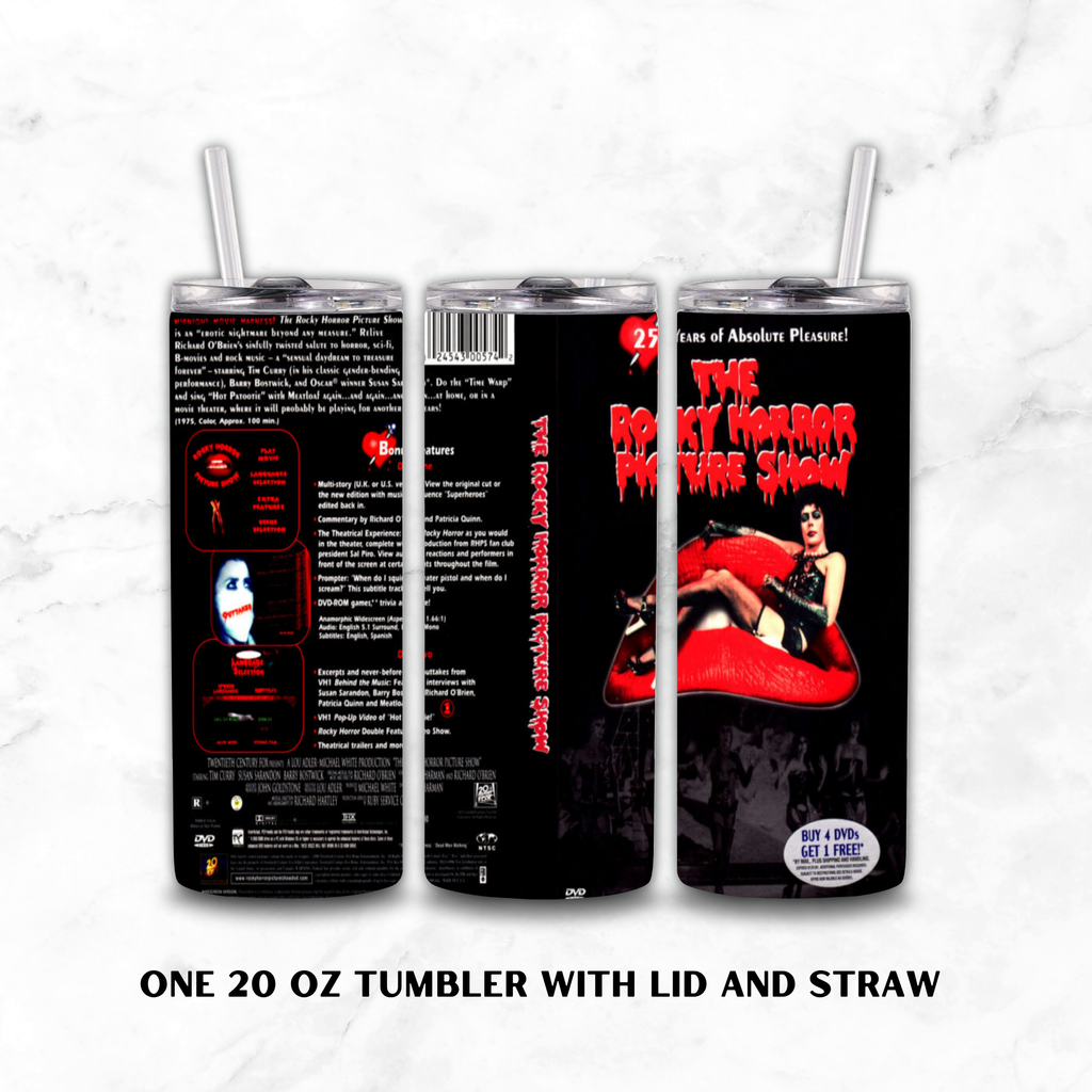 Three views of a 20 oz tumbler with lid and straw, showing the front, back, and spine of a movie poster design of "The Rocky Horror Picture Show" on a white marble background.