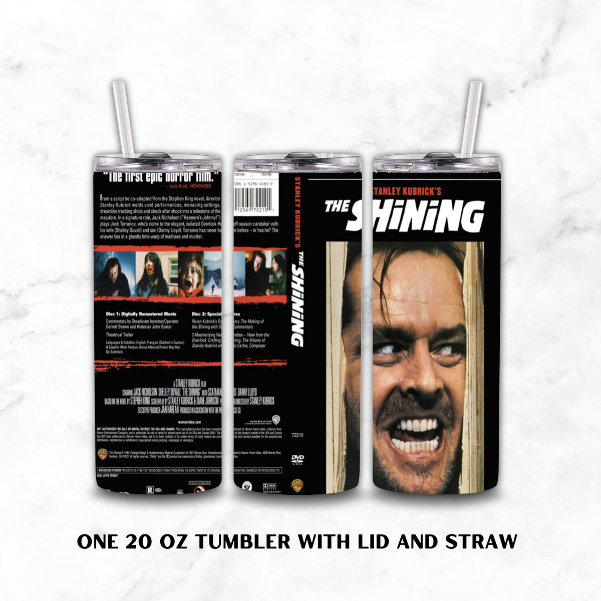 Three views of a 20 oz tumbler with lid and straw, printed with The Shining movie artwork and text, shown on a white marble background.