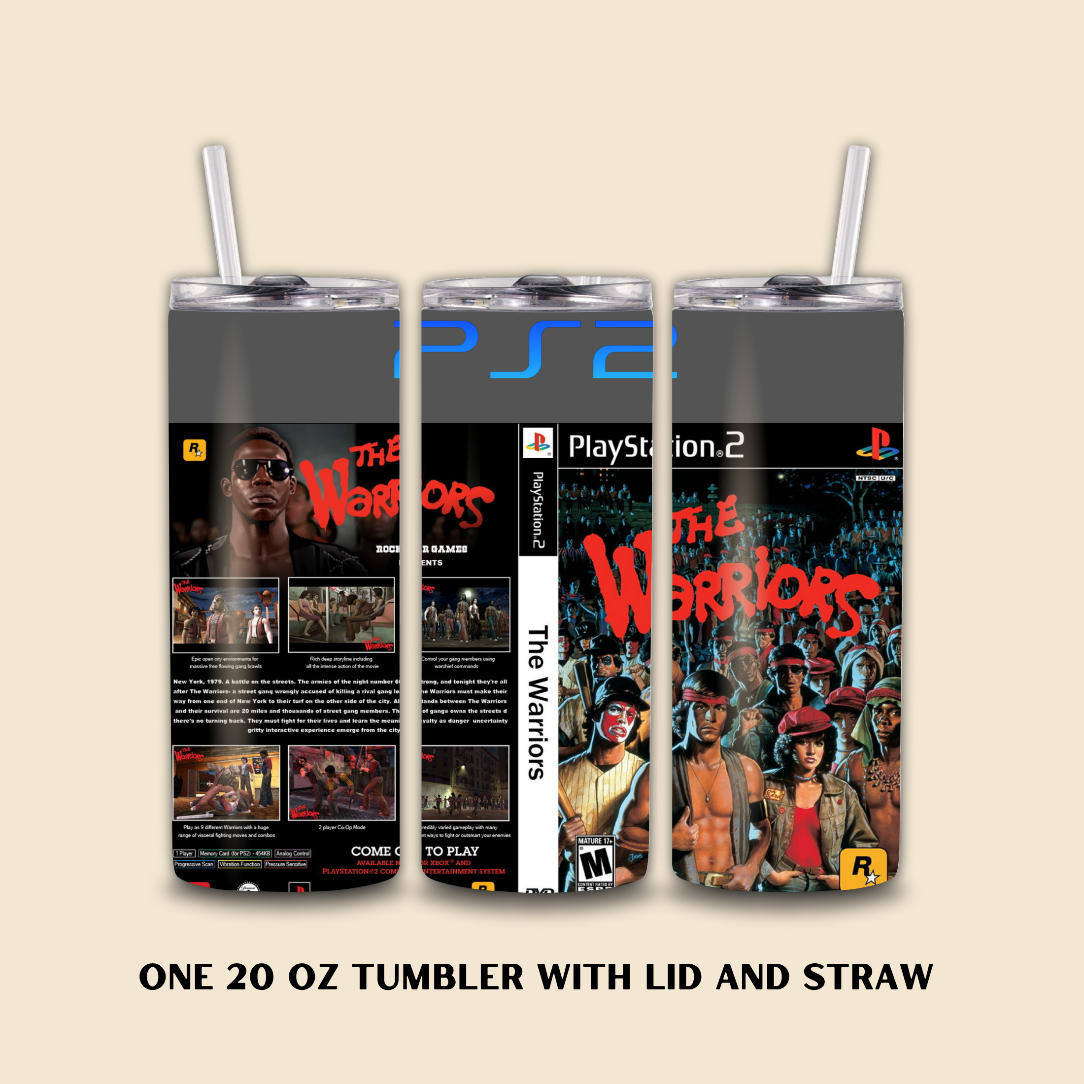 Three 20 oz tumblers with 'The Warriors' and PlayStation 2 designs on a beige background.