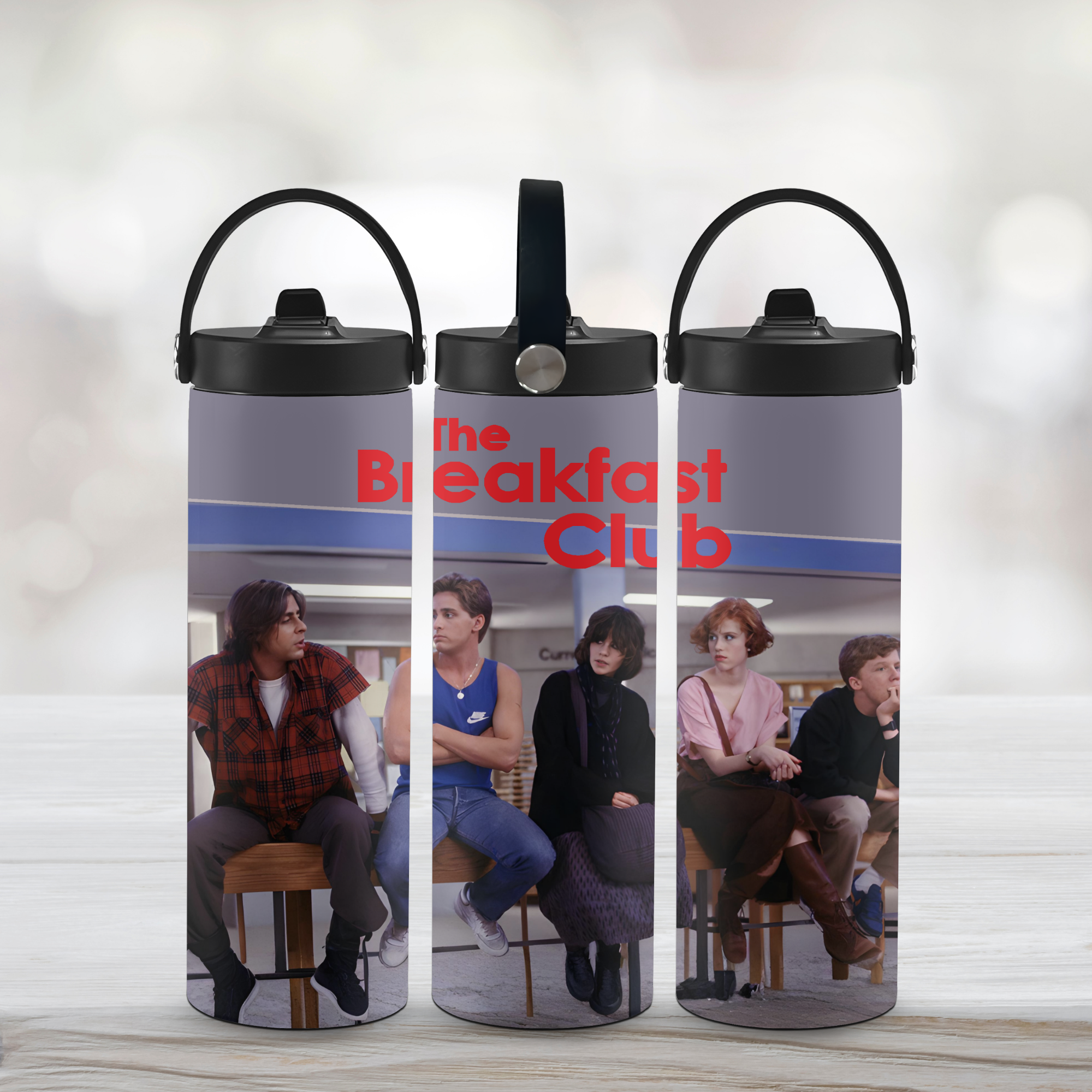 Three tumblers with 'The Breakfast Club' design featuring characters from the movie.