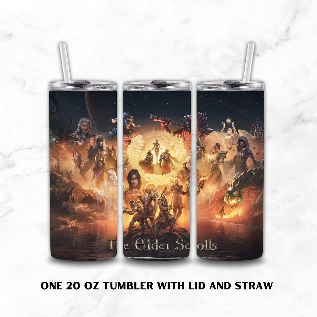 Three views of a 20 oz tumbler with lid and straw, featuring a detailed fantasy art print titled 'The Elder Scrolls' on a white marble background.