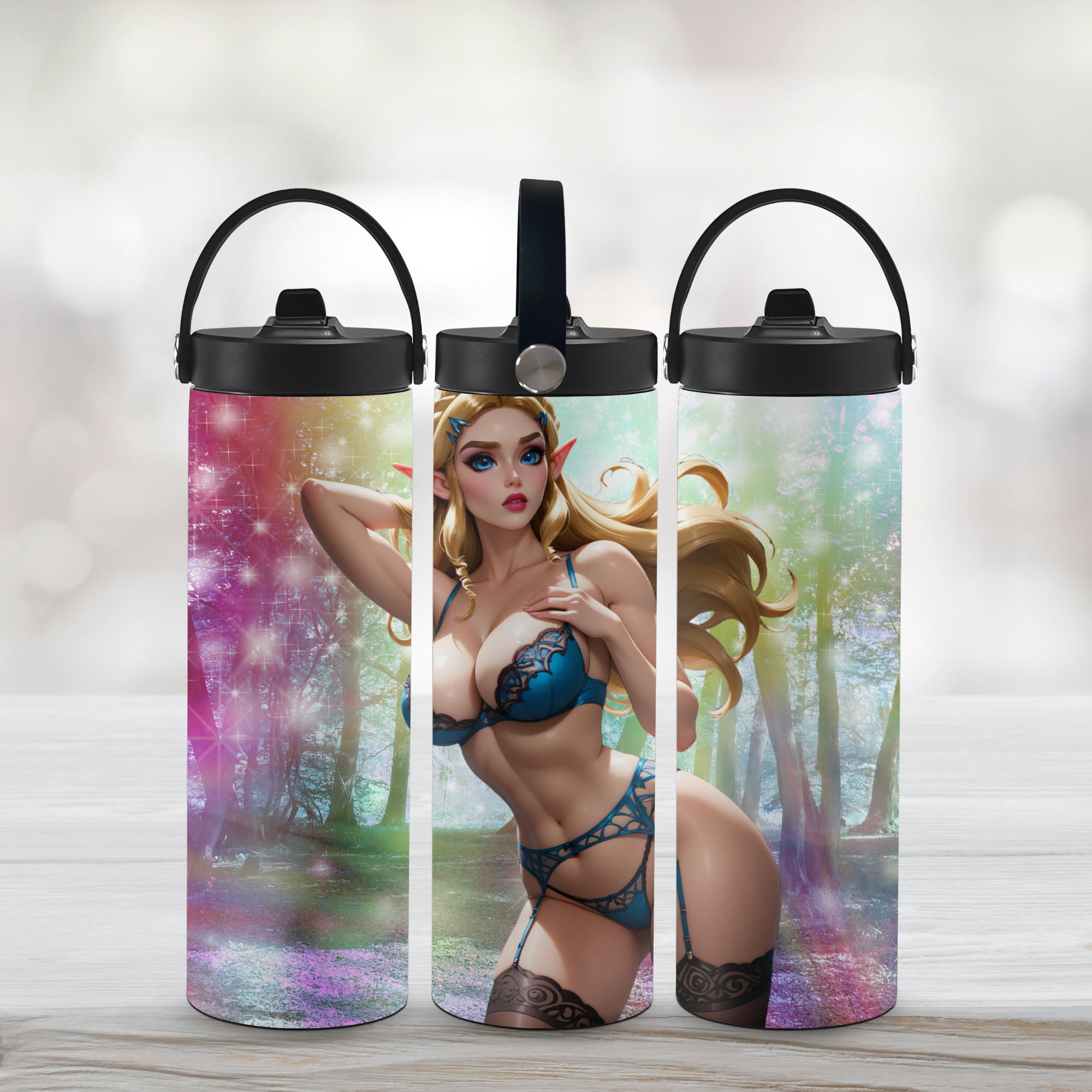 Three sports water bottles with character Zelda of The Legend of Zelda.