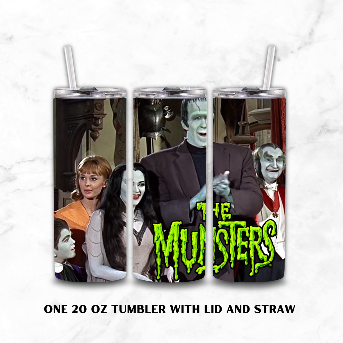 Three views of a 20 oz tumbler with lid and straw, featuring a collage of The Addams Family and The Munsters characters with the green 'The Munsters' logo, shown on a white marble background.