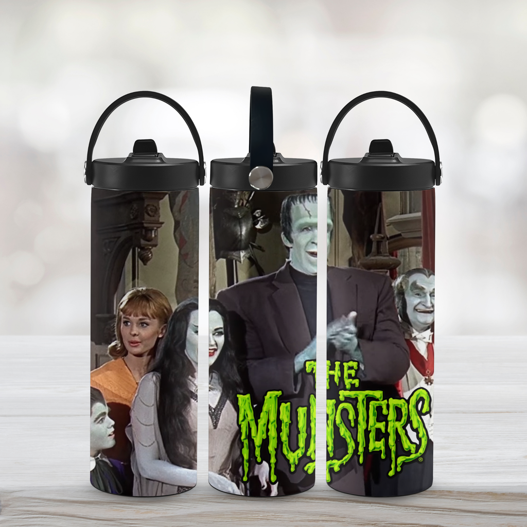Three black water bottles with 'The Munsters' design featuring characters and text.