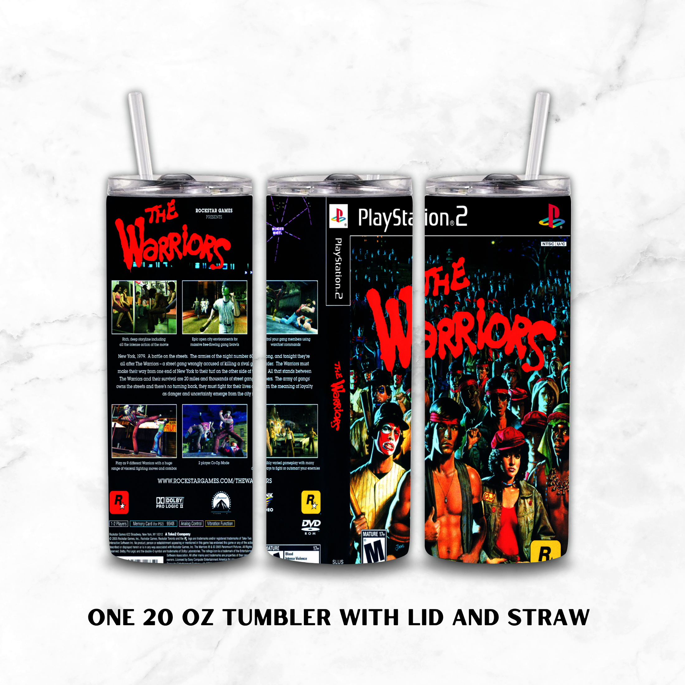 Three views of a 20 oz tumbler with lid and straw, featuring a colorful 'The Warriors' PlayStation 2 cover art design, displayed on a white marble background with text at the bottom.