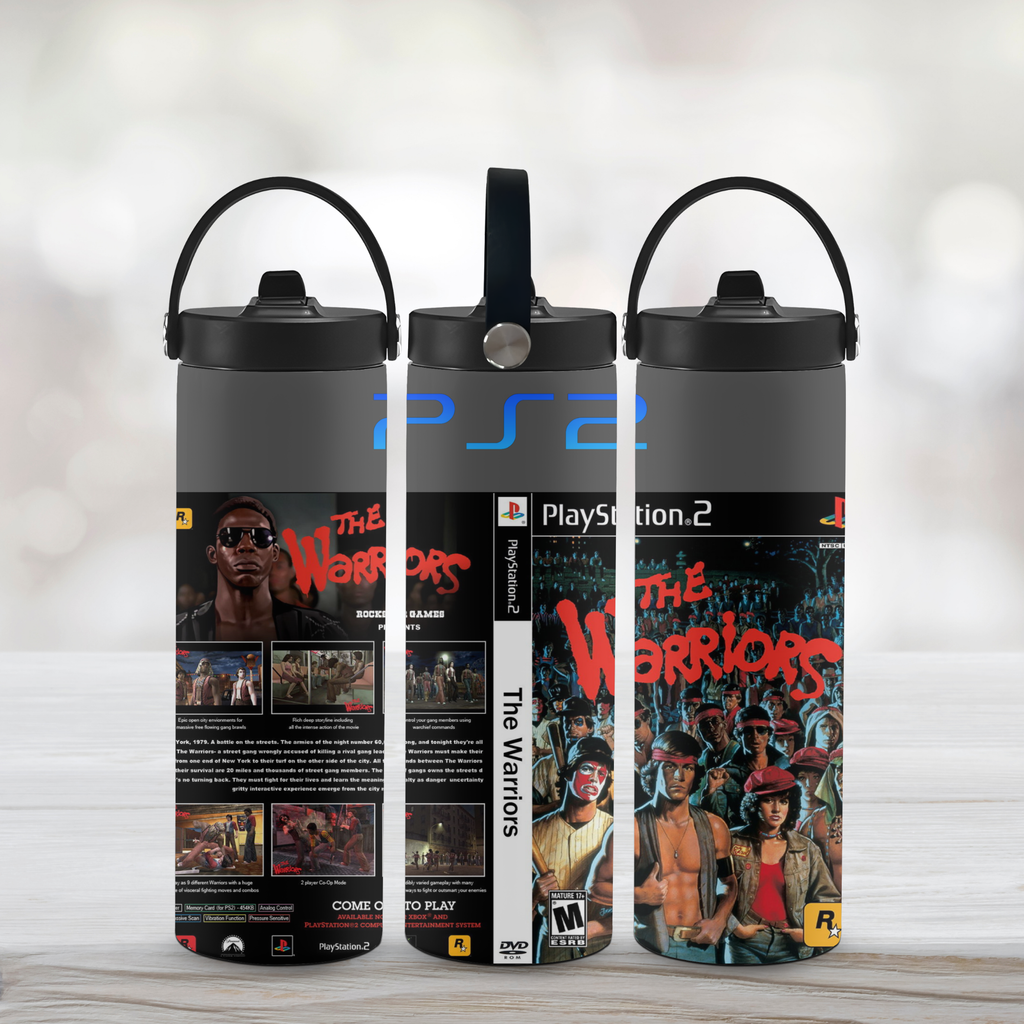 Three sports water bottles with 'The Warriors' PlayStation 2 design on a light wooden surface.
