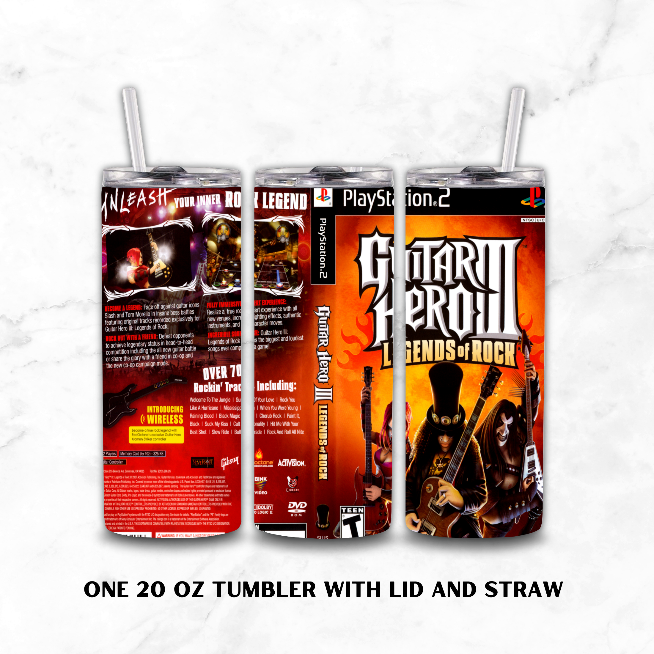 Three views of a 20 oz tumbler with lid and straw, wrapped in a PlayStation 2 themed 'Guitar Hero III: Legends of Rock' skin, displayed on a white marble background.