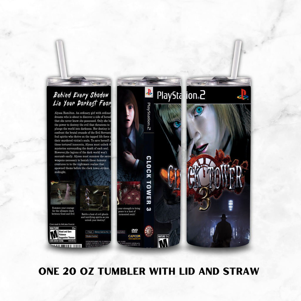 Three views of a 20 oz insulated tumbler with lid and straw, printed with PlayStation 2 and Clock Tower 3 artwork, shown on a white marble background with text reading 'ONE 20 OZ TUMBLER WITH LID AND STRAW'.