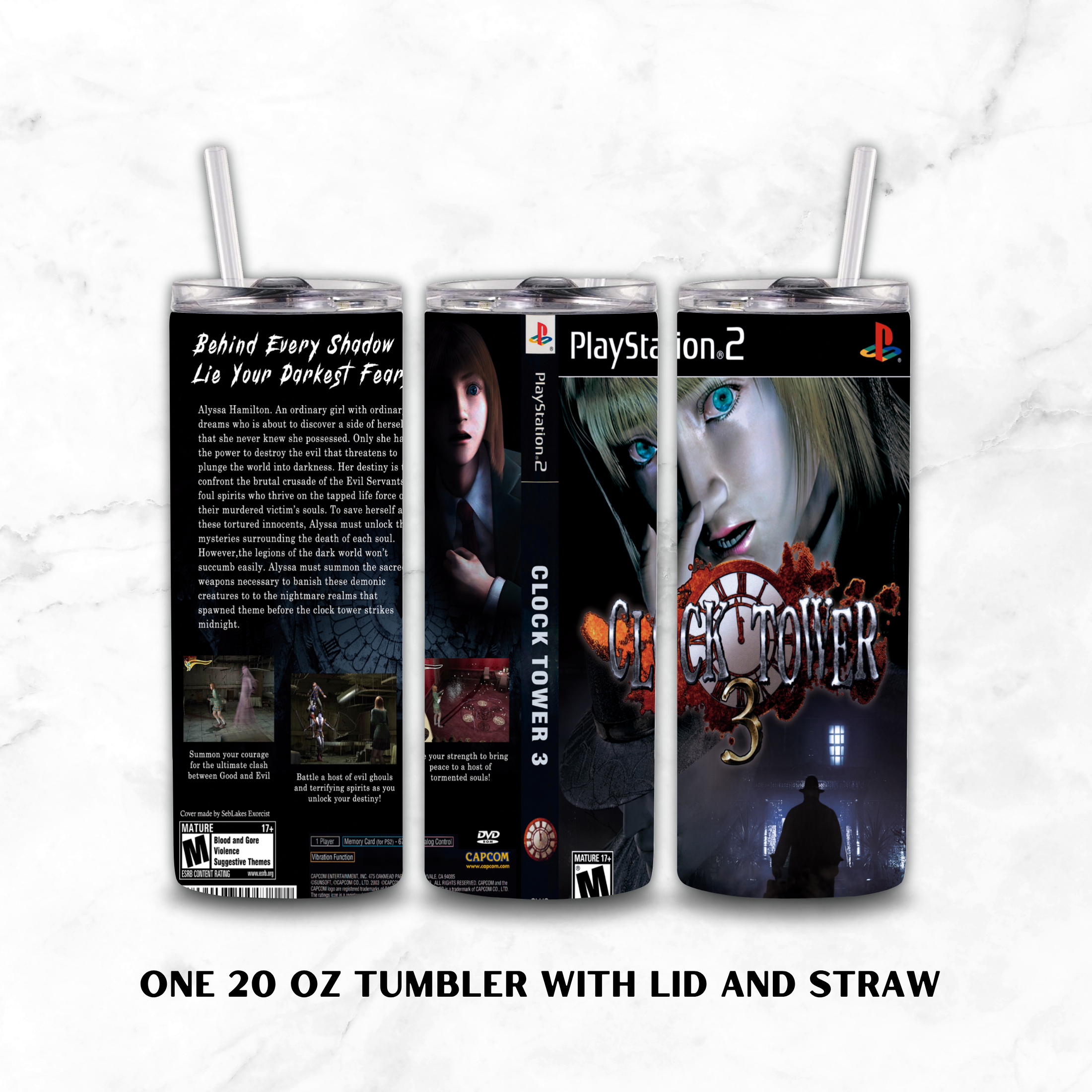Three views of a 20 oz insulated tumbler with lid and straw, printed with PlayStation 2 and Clock Tower 3 artwork, shown on a white marble background with text reading 'ONE 20 OZ TUMBLER WITH LID AND STRAW'.