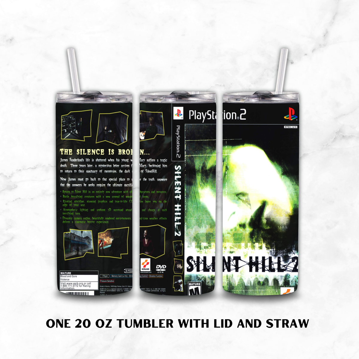 Three views of a 20 oz stainless steel tumbler with lid and straw, printed with PlayStation 2 Silent Hill 2 artwork on a white marble background. The tumbler is shown from the back, side, and front, with text below reading 'ONE 20 OZ TUMBLER WITH LID AND STRAW'.