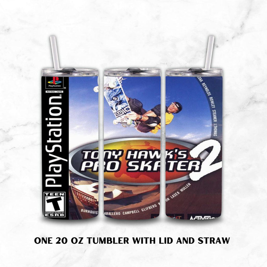 Three views of a 20 oz tumbler with lid and straw, featuring a custom wrap design for the video game Tony Hawk's Pro Skater 2, displayed on a white marble background with text at the bottom.