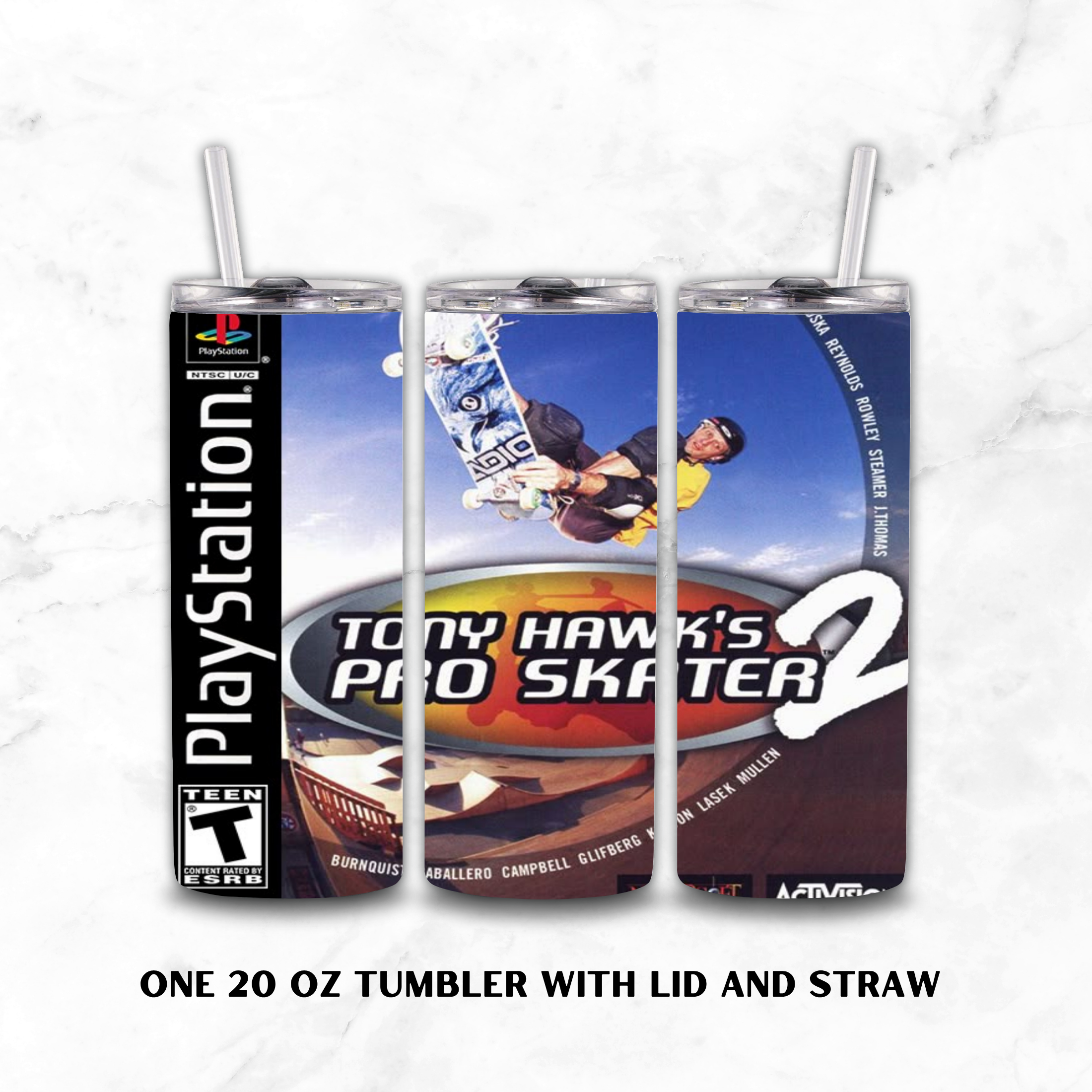 Three views of a 20 oz tumbler with lid and straw, featuring a custom wrap design for the video game Tony Hawk's Pro Skater 2, displayed on a white marble background with text at the bottom.