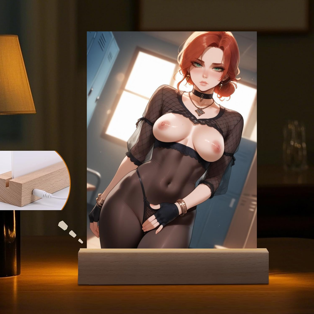 LED night light of Tiss Merigold from The Witcher with a lamp in the background.