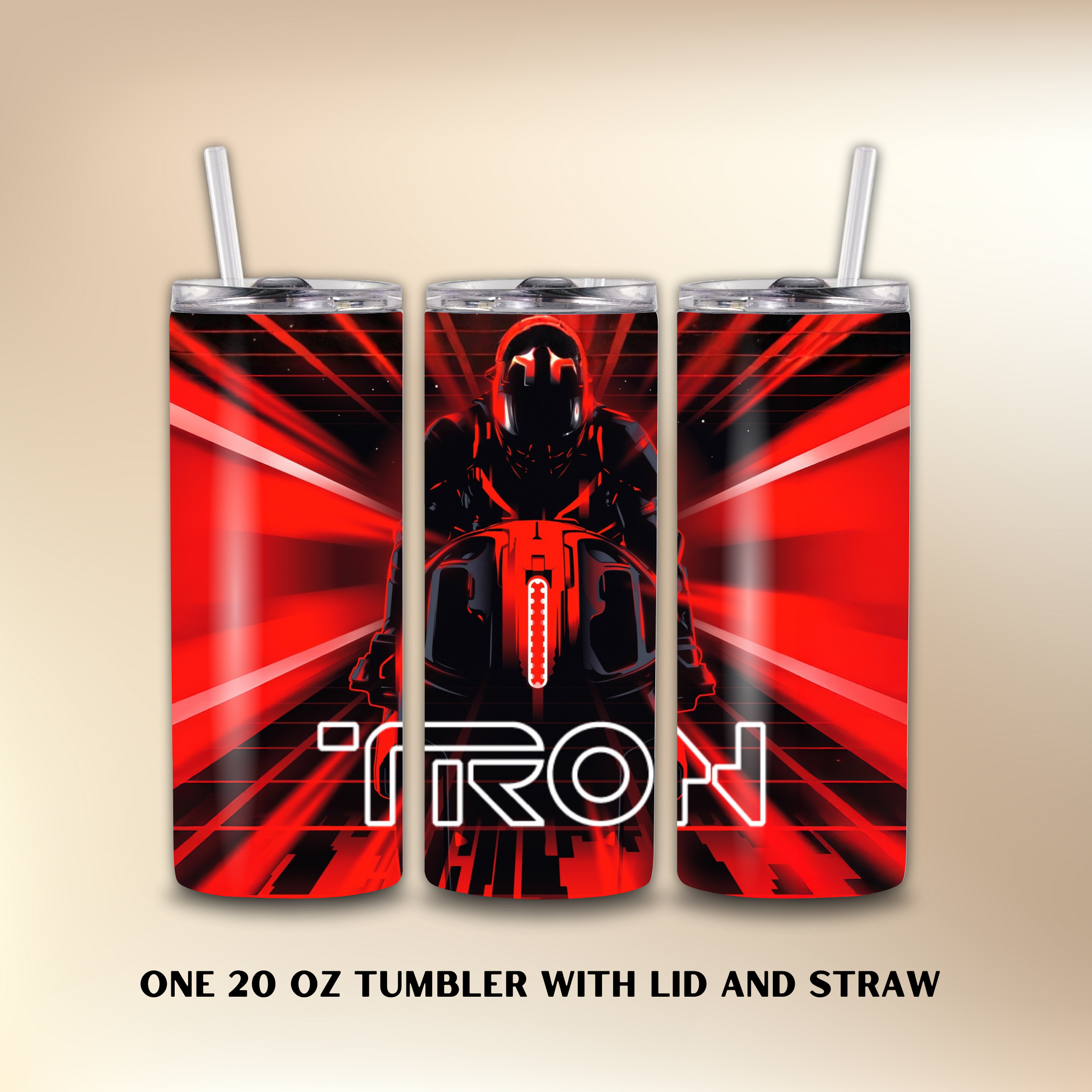 TRON-themed 20 oz tumbler with lid and straw on a beige background