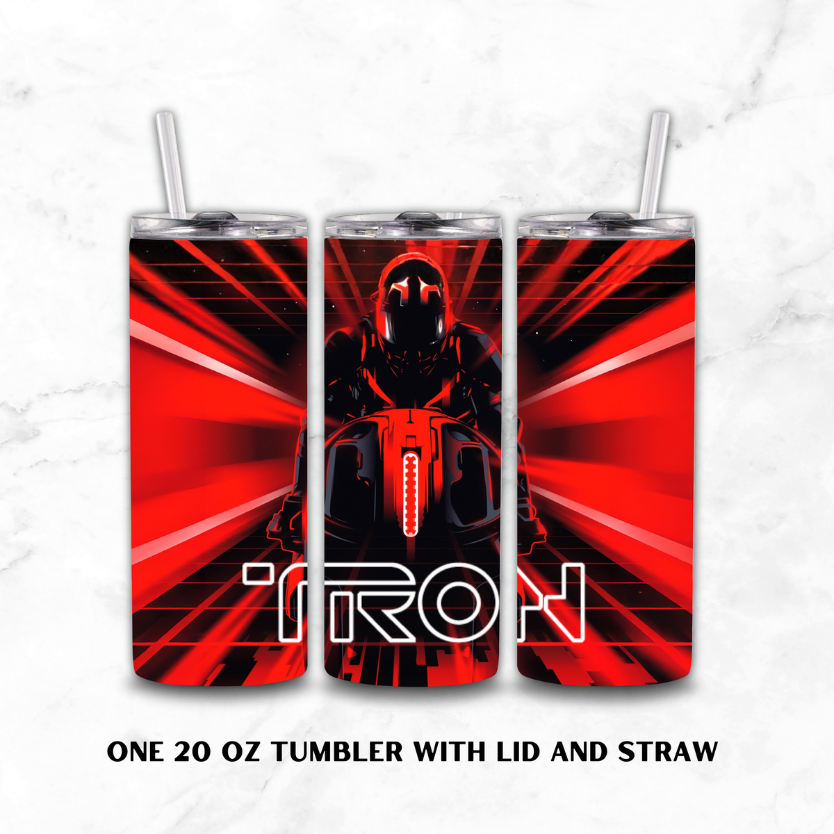 Three views of a 20 oz skinny tumbler with lid and straw, featuring a red and black 'TRON' graphic design with a futuristic motorcycle and character, shown on a white marble background.