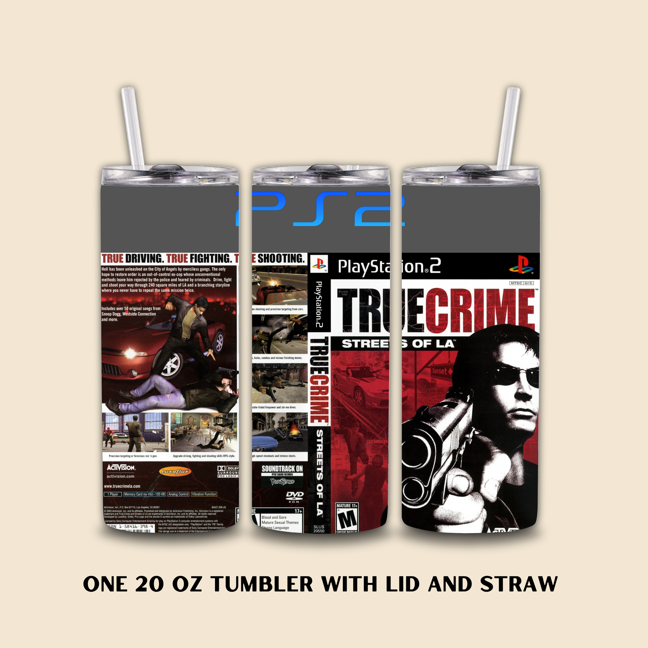 Three 20 oz tumblers with True Crime Streets of La-themed designs on a beige background.