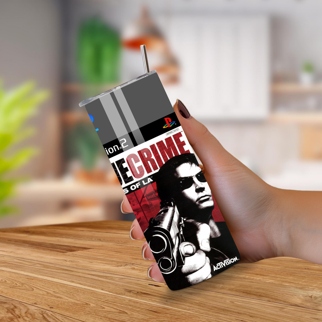 20oz Tumbler with a design True Crime Streets of La, placed on a wooden surface.