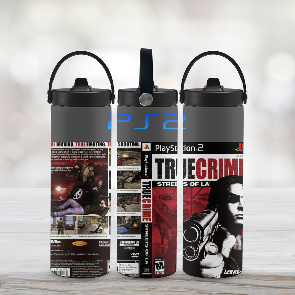 Three sports water bottles with True Crime Streets of La-themed designs on a light wooden surface.