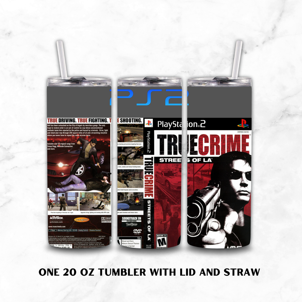 Three views of a 20 oz tumbler with lid and straw, wrapped in a PlayStation True Crime: Street of LA PS2 themed wrap, shown on a white marble background.