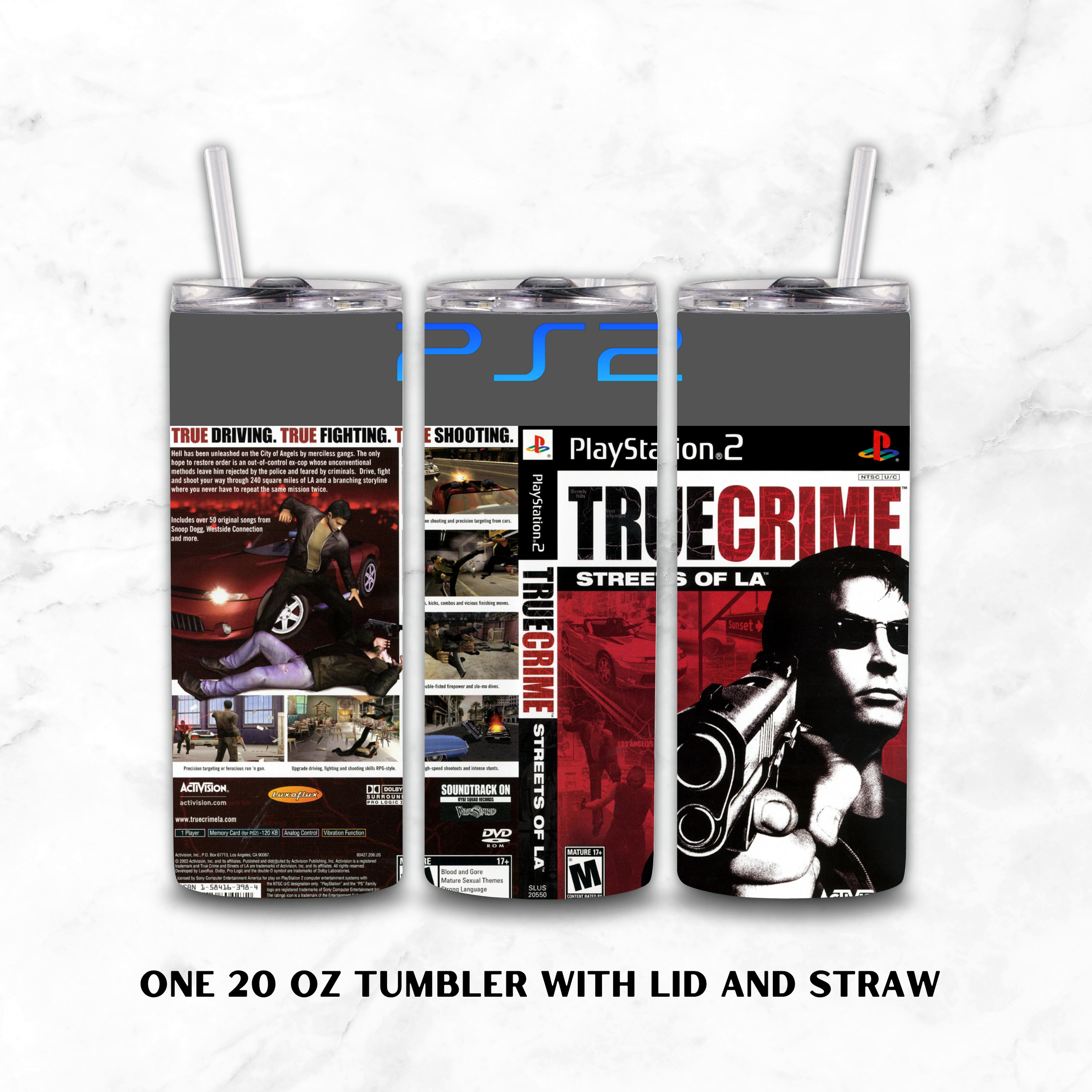 Three views of a 20 oz tumbler with lid and straw, wrapped in a PlayStation True Crime: Street of LA PS2 themed wrap, shown on a white marble background.