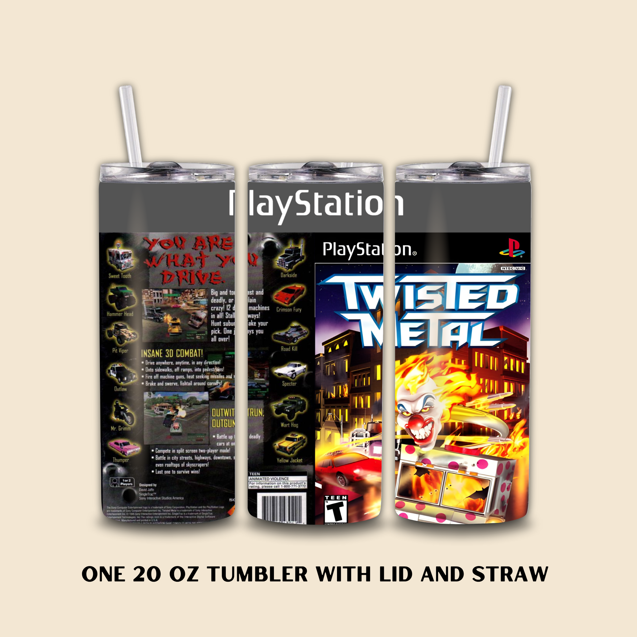 Twisted Metal-themed tumbler with lid and straw on a beige background