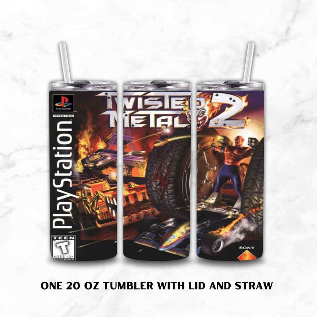 Three views of a 20 oz insulated tumbler with lid and straw, printed with Twisted Metal 2 PlayStation cover art, on a white marble background. Text below reads 'ONE 20 OZ TUMBLER WITH LID AND STRAW'.